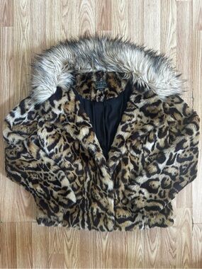 GUESS Leopard Print Teddy Jacket with Faux Fur Trim - Brown & Black